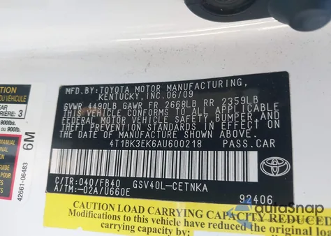 2010 Toyota Camry Le V6 из США, поврежденный, VIN 4T1BK3EK6AU600218